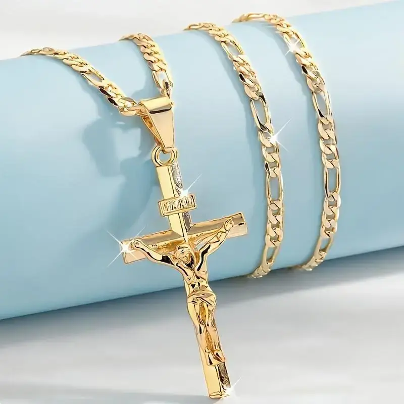 Veliora Gift B Men's Vintage 14K Gold-plated Jesus Cross Pendant Necklace With Smooth Chain Religious Jewelry For All Year Round Easter Graduation Gift Retro Earrings Set initial stud tarnish proof Adjustable Heart Rate Couples Bracelet