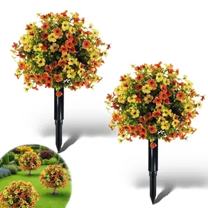 2 Set Artificial Yew Tree Balls with Flowers, Fake Flowers Outdoor, UV Resistant Bushes, Outdoor Garden Decor, Yard, Porch, Patio Decoration, Artificial Trees Outdoor