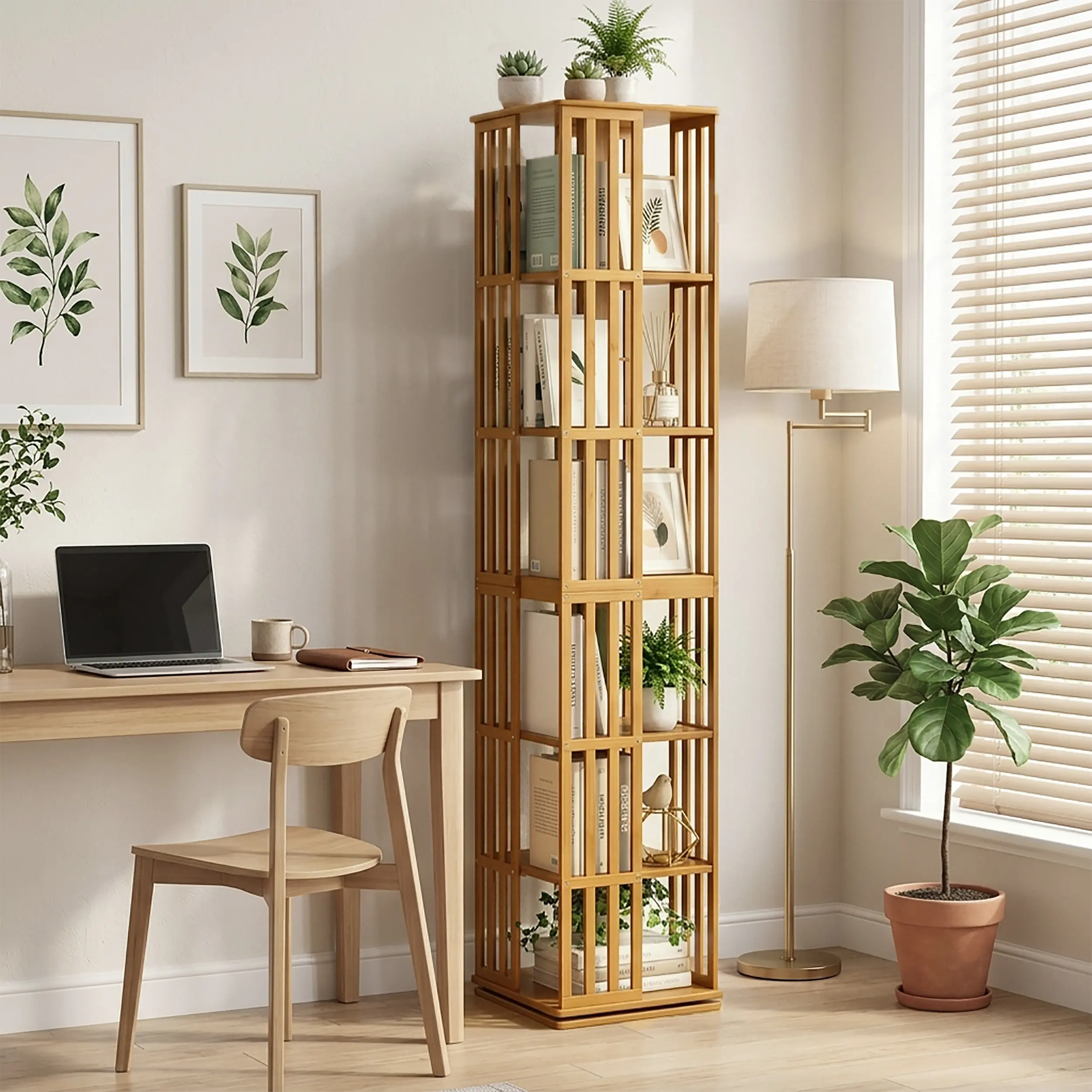 Rotating Bookshelf Tower, 360° Display Spinning Bookcase, 6 Tier Bamboo Bookshelf Floor Standing Storage Rack, Wood Narrow Book Shelf Organizer(BROWN)