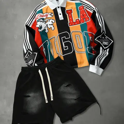 Men's American Style Fitted Two-Piece Set, Vintage Ripped Drawstring Waist Shorts & Striped Long Sleeve Polo Shirt, Streetwear Outfit, Casual Menswear, Shorts Matching Set, Ideal for Fall & Winter