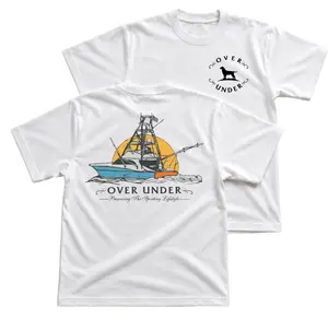 Over Under Sportfishing Boat T-Shirt, Saltwater Fishing Graphic Tee With Offshore Boat Sunset Back Print, Front Chest Dog Logo Shirt, Coastal Sporting Lifestyle Outfit, Deep Sea Angler Apparel Gift for Fishermen and Men Women