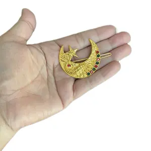 Traditional Nepali Gold Plated Moon Designs Hair Pin with Red and Green Gemstones