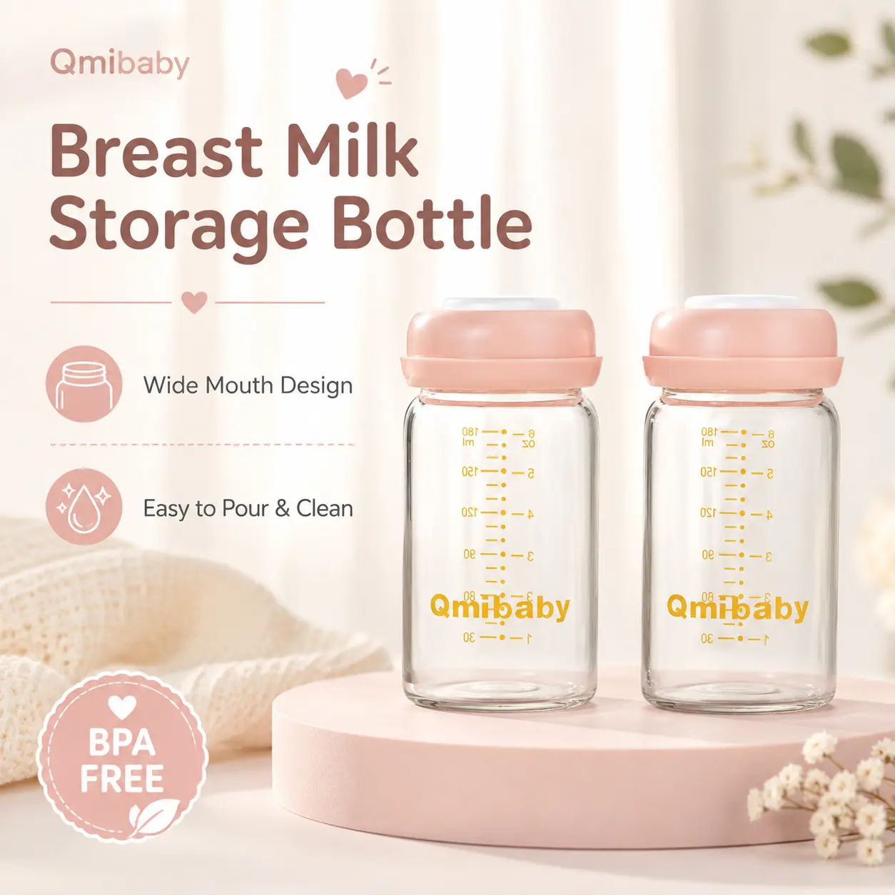 6oz BPA-Free Wide Neck Glass Breast Milk Storage Bottles, Leak-Proof Reusable Containers with Screw Rings & Sealing Discs for Pumping Nursing Moms & Baby Feeding