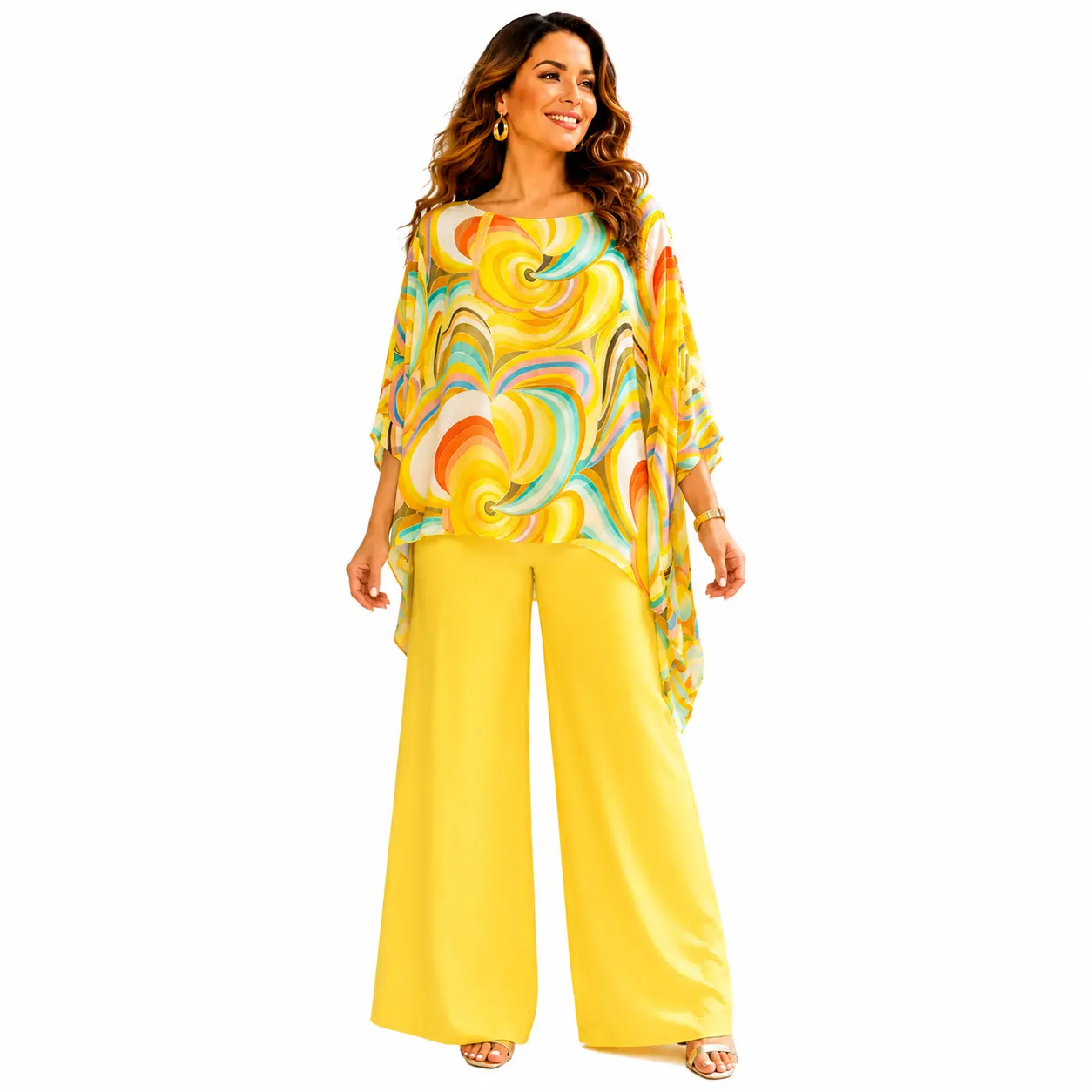 Women's 2-Piece Casual Colorful Printed Chiffon Suit, Summer New Round Neck Set