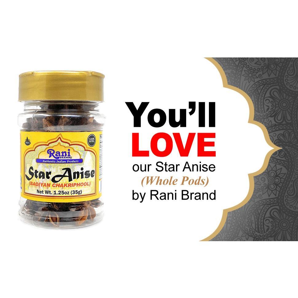 Rani Star Anise Seeds, Whole Pods (Badian Khatai) Spice 1.25oz (35g) PET Jar ~ All Natural | Gluten Friendly | Kosher | Vegan | Whole Chinese Anise Star Sun Dried Spice, Anis Estrella / Illicium Verum, Widely Used for Baking, Drinks, Cooking, and Tea