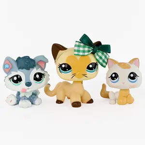 3 Pack Assorted Cat & Husky Mini Figurines, Hand Painted Big Eye Kitty Collectible Figures with Plaid Bow Accessory, Small Vinyl Pet Doll Playset, Pretend Play Toy, Kids Birthday Party Gift for Ages 4+