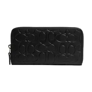 COACH Accordion Wallet with Zipper Closure, Logo Embossed Genuine Leather Card Holder for Women in Black