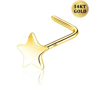 OUFER BODY JEWELRY 14 Karat Gold Small Star L-Shape Nose Stud, Nose Ring for Daily Wear Body Jewelry, Nose Piercing
