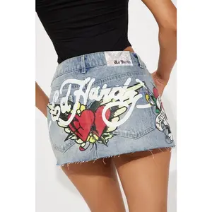Ed Hardy Skull Denim Mini Skirt - Light Wash E