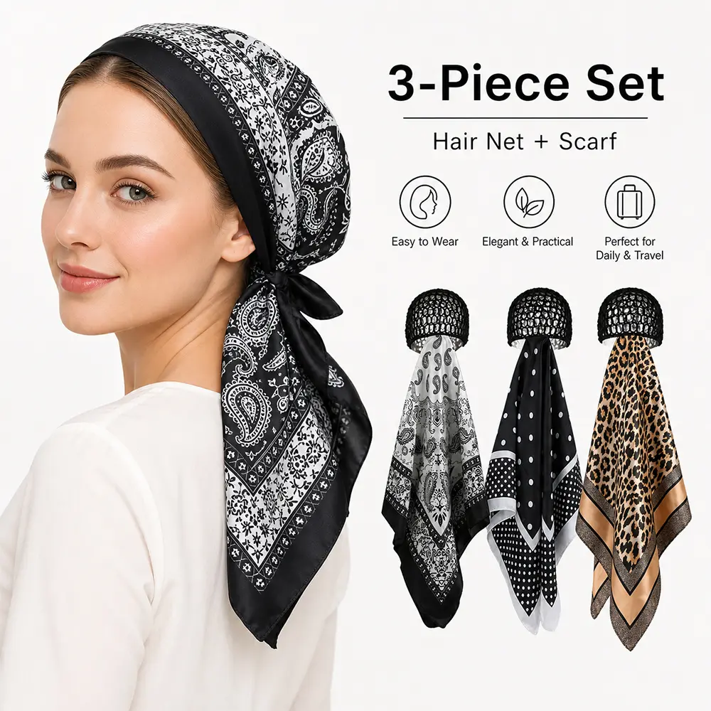 Women's 3-Pcs 2-in-1 Printed Fabric Hair Wrap Net with Scarf - Heatless Hair Bonnet for Silk Press, Frizz Protection, Edge Control