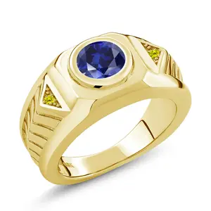 Gem Stone King Men's 18K Yellow Gold Plated Silver Gemstone Birthstone and Canary Diamond Ring For Men | Round 8MM | Available in Size 7, 8, 9, 10, 11, 12, 13