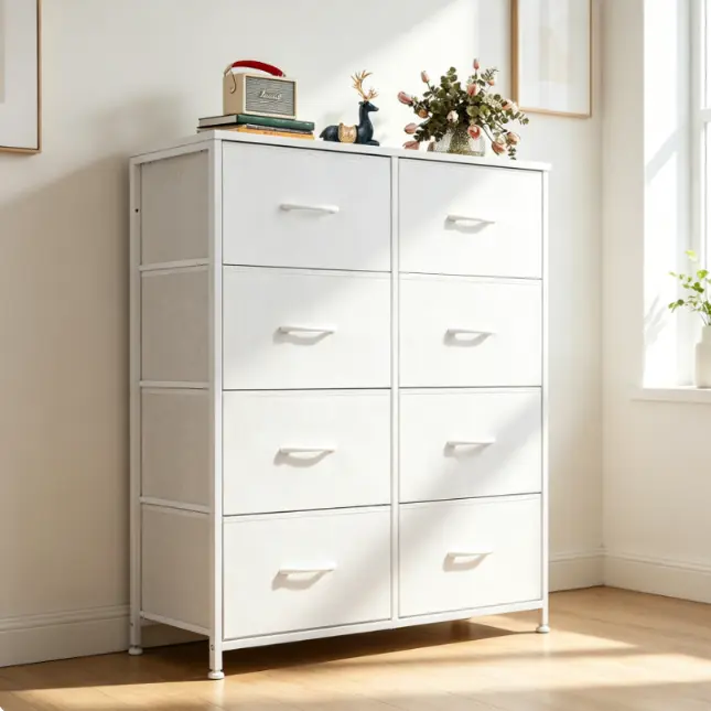 8-Drawer Fabric Dresser for Bedroom Storage Drawer Organizer Tower, Chest of Drawers with 8 Fabric Bins, Steel Frame, Wooden Top