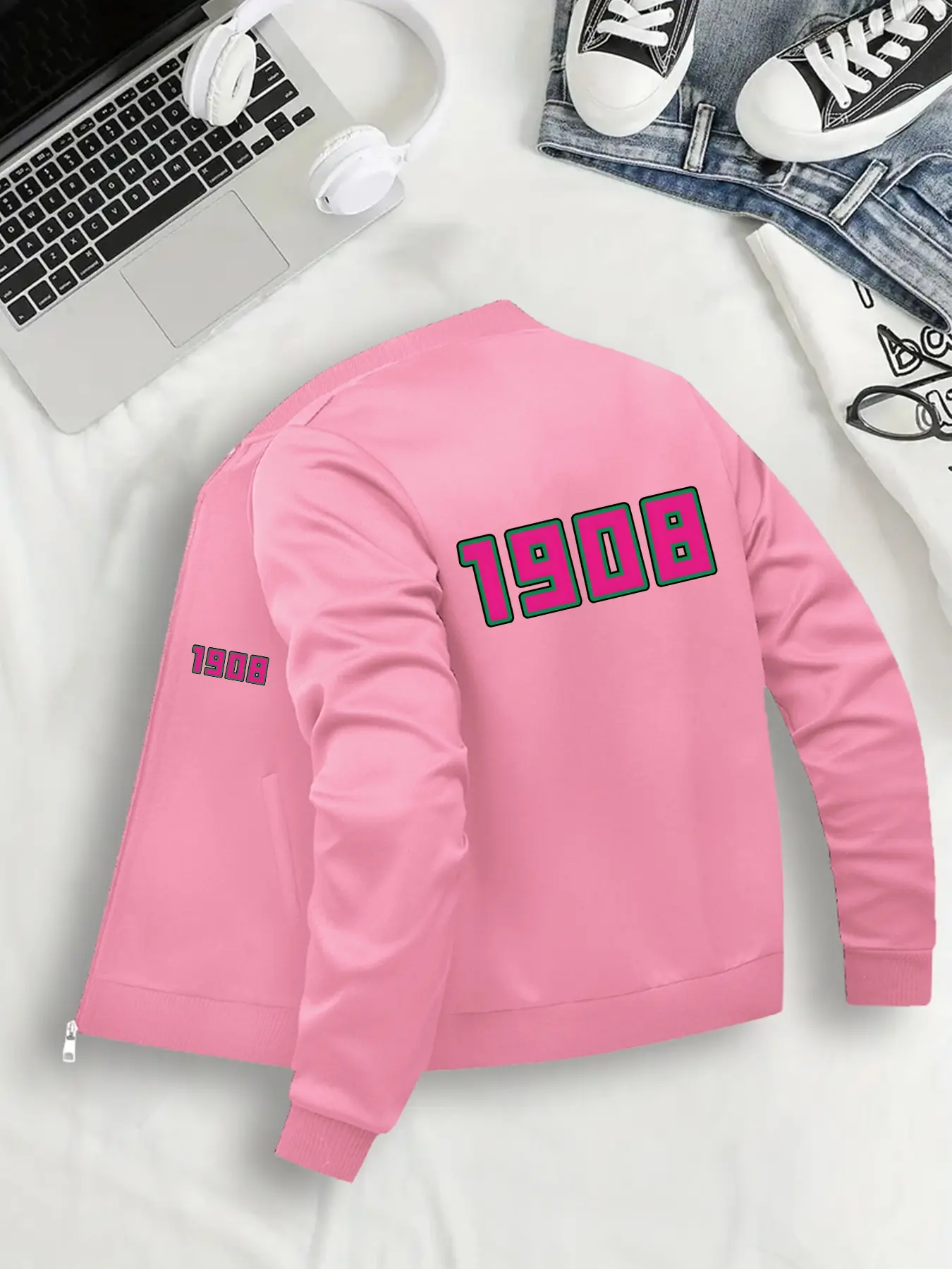 Women's Casual Zipper Bomber Jacket, Lightweight Graphic Print, Fashionable Comfort Design, Suitable for All Seasons, Sizes S-Xxl