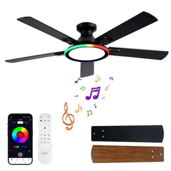 BAYSQUIRREL 52in Contemporary Black Low Profile Flush Mount Fan Light Ceiling, Adjustable RGB Multicolored Light Decor, 3CCT Dimmable, Remote & APP Control, Indoor-Outdoor Use, Feb Faves Valentine's Day Gift