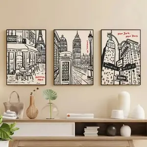 3pcs Bleeding Style Artistic London Paris New York Cityscape Print Poster Canvas Frameless Hanging Painting Printing Wall Art Living Room Modern Home Decoration