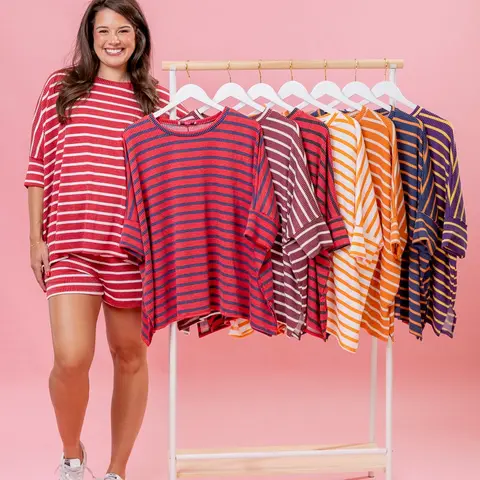 Women's Game Day Raised Rib Easy Fit T-Shirt - Striped, Casual, Boxy, Rayon-Spandex Fabric | REG-PLUS Size, Pair with SKU72529