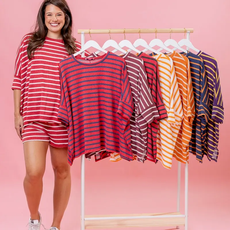Women's Game Day Raised Rib Easy Fit T-Shirt - Striped, Casual, Boxy, Rayon-Spandex Fabric | REG-PLUS Size, Pair with SKU72529