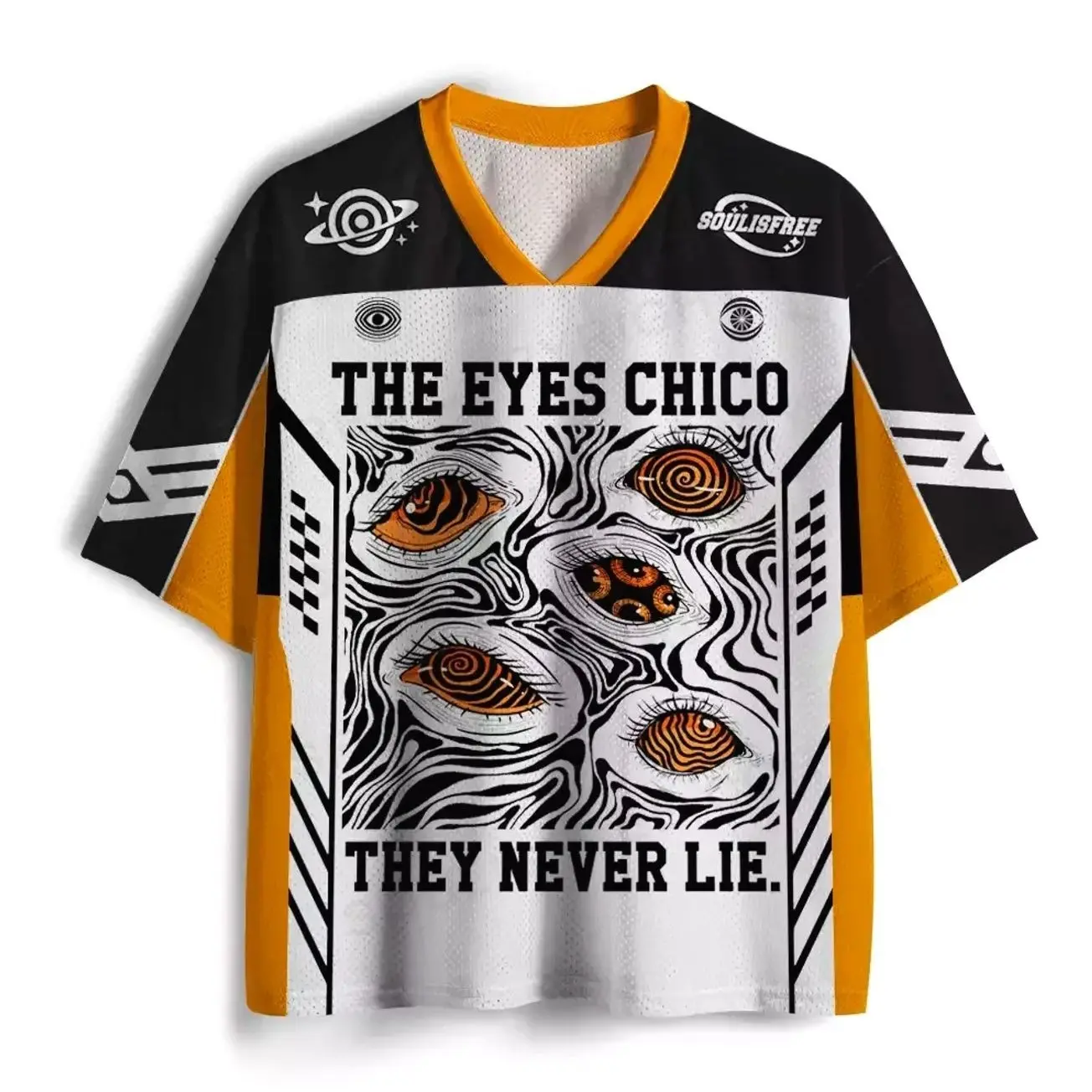 The Eyes Chico They Never Lie Mesh Jersey, Bold Statement Graphic Sports Shirt, Vintage Inspired Y2K Streetwear Mesh Top, Iconic Quote Design, Breathable Oversized Unisex Jersey, Trendy Casual Summer Shirt for Men & Women 1CW