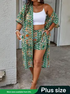 【Plus Size】 All Over Print Blouse & High Waist Shorts Vintage Set without Inner Cami, Boho Bohemian Casual Pocket Open Front Top & Pocket Shorts for Daily Beach Wear, Women's Clothing for Summer, Womenswear, Shorts Sets Outfits, Matching Clothing Set