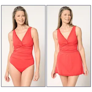 Susan Graver Soleil V-Neck Swimsuit with Ruffles & Overskirt Susan Graver Soleil V-Neck Swimsuit with Ruffles & Overskirt
