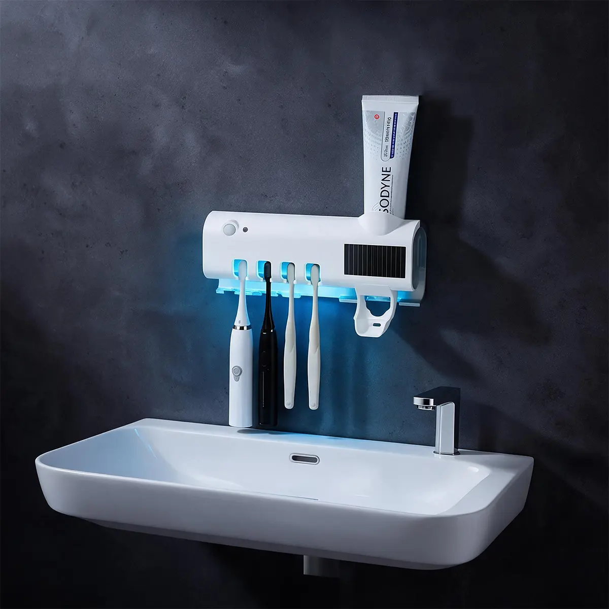 Smart Toothbrush Holder Set, 4-Slot Wall-Mounted ABSPlastic Multifunctional Organizer with Automatic ToothpasteDispenser - Drill-Free Adhesive Tape Mounting, Durable,Modern, Rechargeable Electric Toothbrush Compatible