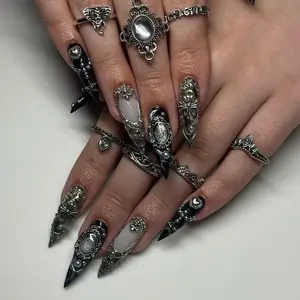 Gothic Baroque Metal Press On Nails | Black & Silver Luxury Nail Art | 3D Gothic Cross Stiletto Nails | Statement Nail Design