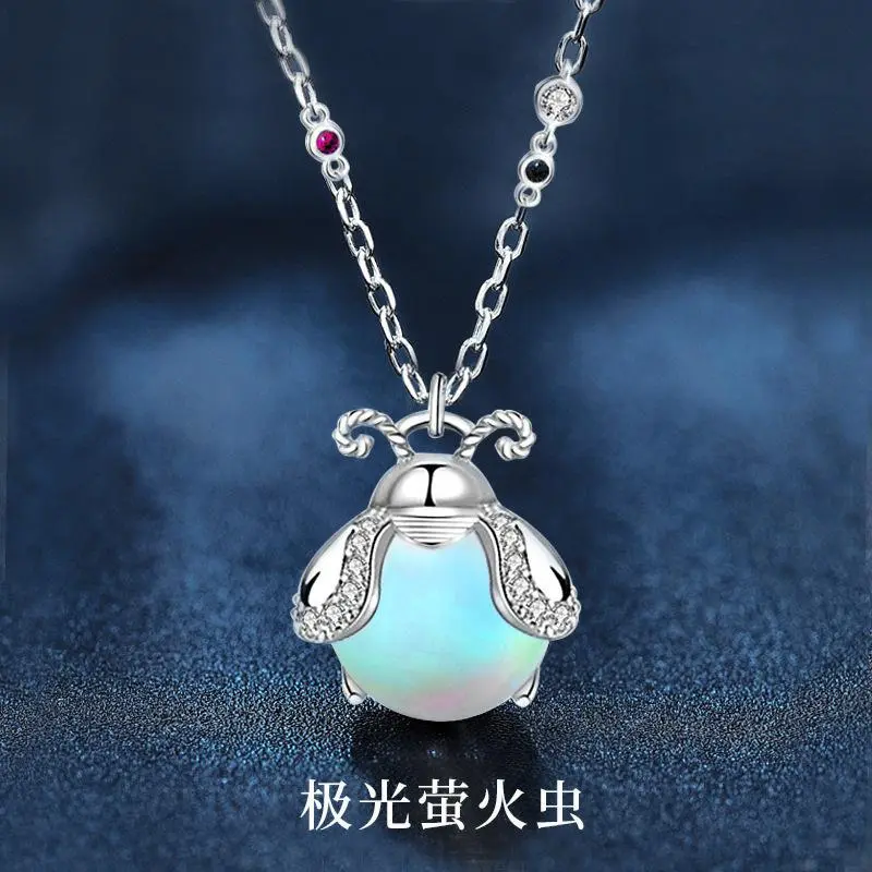 925 Sterling Silver Firefly Shape Necklace with Glowing Moonstone Pendant, Delicate Clavicle Chain for Women, Birthday Gift Ideas