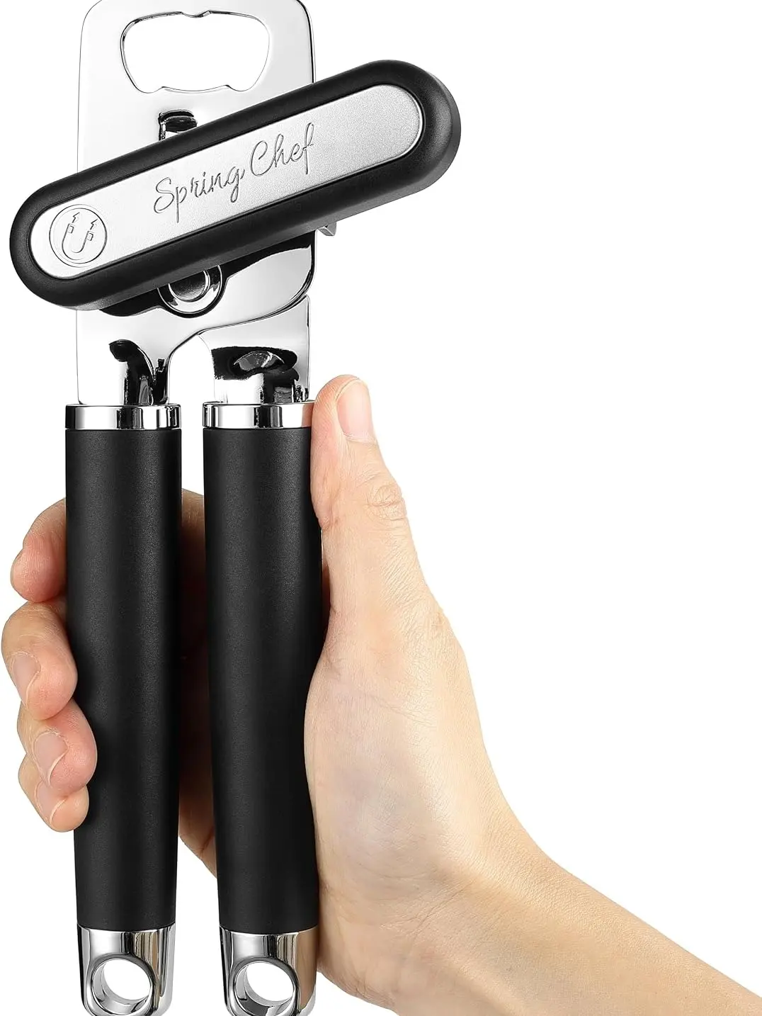 Spring Chef Stainless Steel Can Opener - Manual with Soft Grip Handles, Easy Turn, Heavy Duty Hand Can Openers for Seniors with Smooth Edge - Magnetic Lid Remover - Black