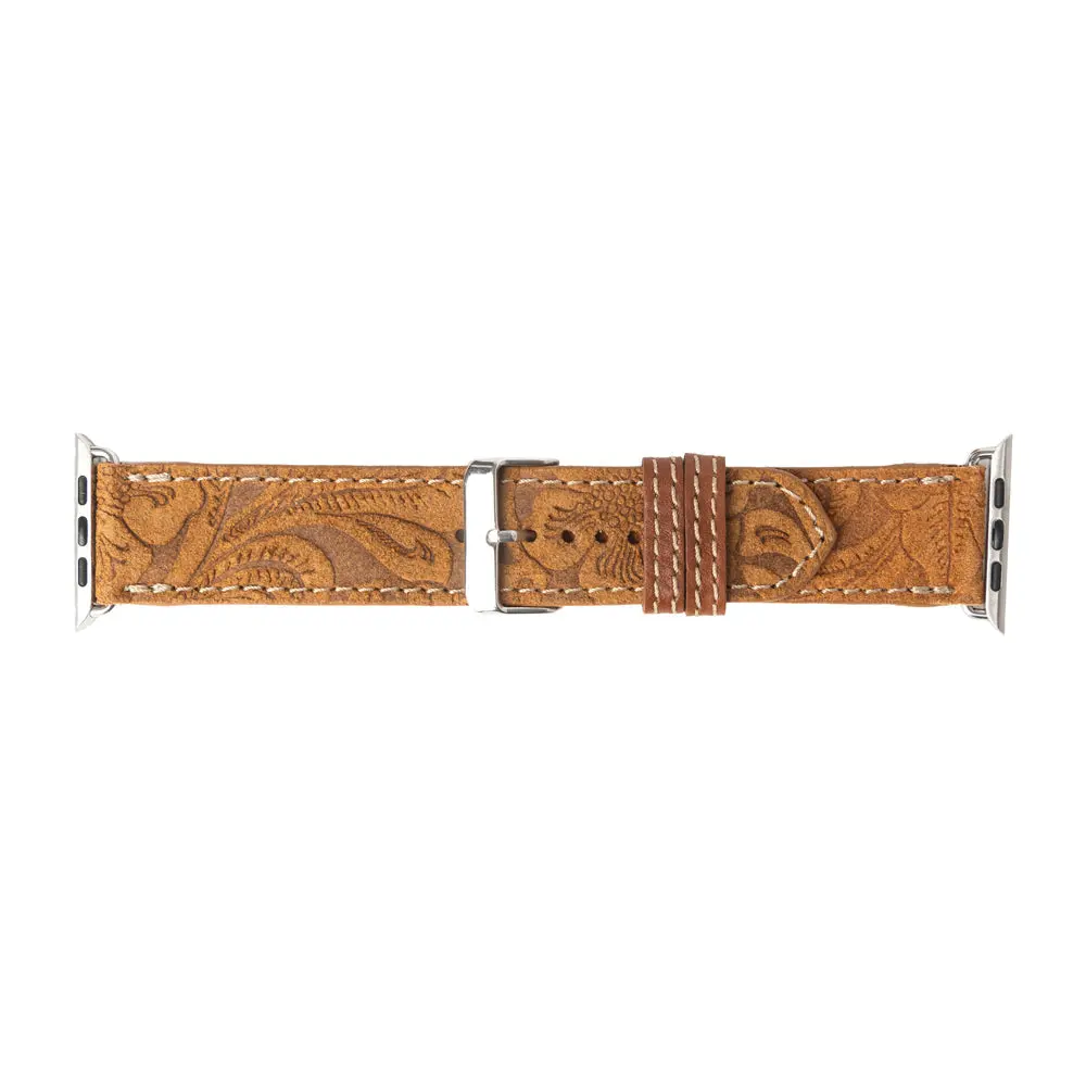 Unisex Western Genuine Leather Watch Band - Cognac, Adjustable, Embossed, Business-Casual Fashion Watch Accessory, Smart Watch Compatible