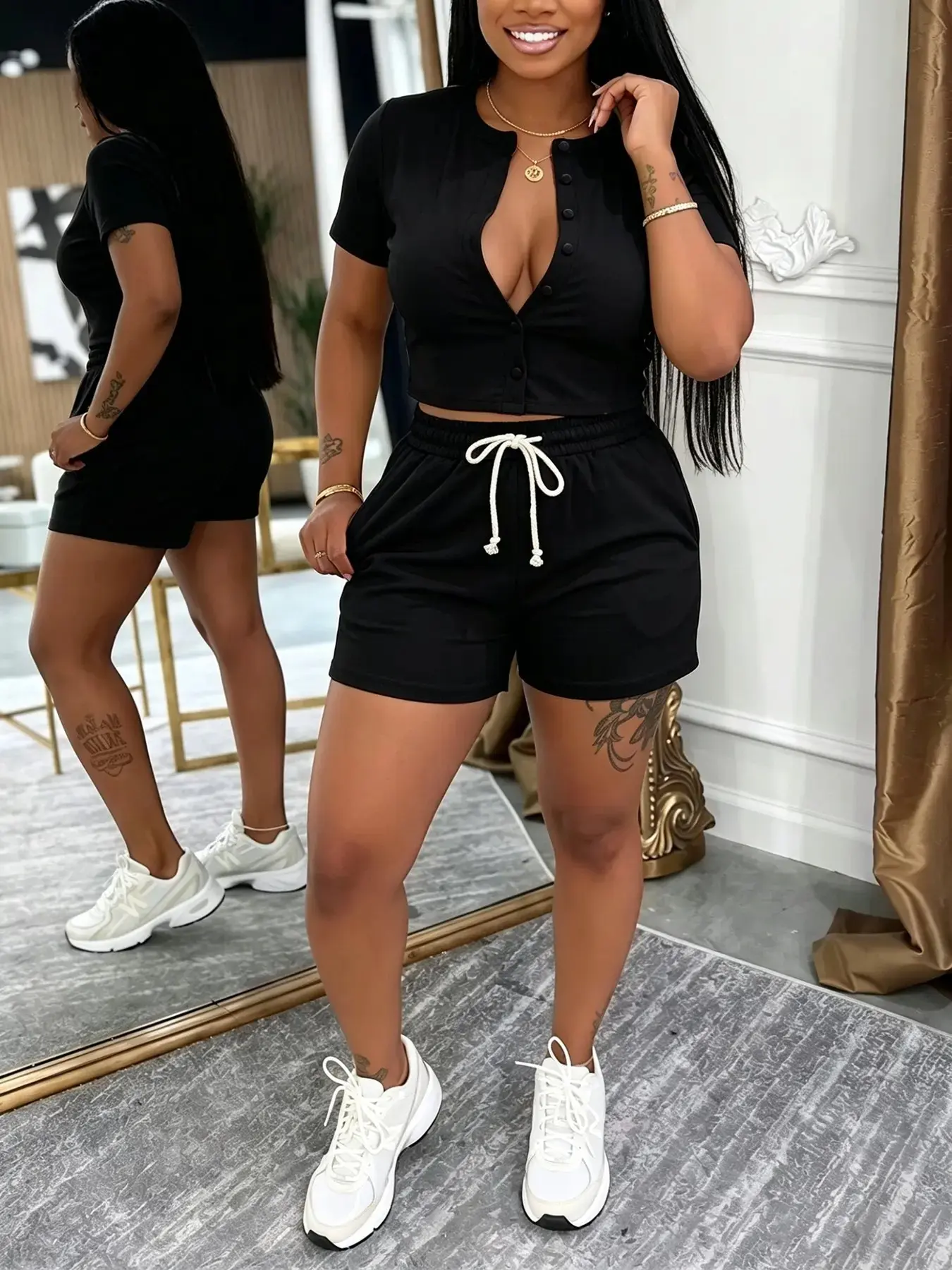 Women's Short Sleeve Button-Up Top High-Waist Drawstring Shorts Set Casual Summer Slim-Fit 2026