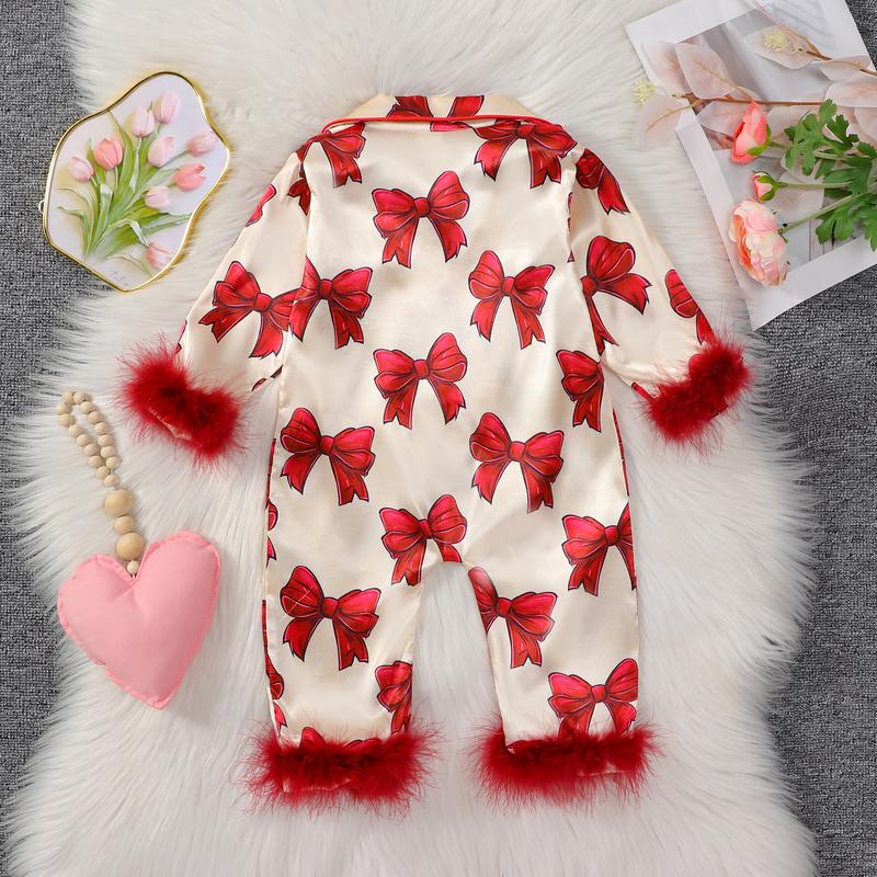 Baby Girls Pajamas, Long Sleeve Bow Print Furry Patchwork Button Closure Jumpsuit Sleepwear Loungewear Baby Girls Pajamas, Long Sleeve Bow Print Furry Patchwork Button Closure Jumpsuit Sleepwear Loungewear