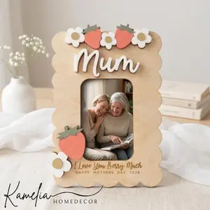 Personalized Wooden & Acrylic Photo Magnet, Custom Mom Fridge Frame, Strawberry Gift For Grandma, Mother’s Day Family Keepsake