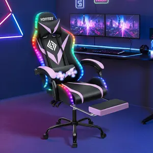 [No speakers]HOFFREE  Gaming Chair with Massage and LED Lights Ergonomic Video Game Chairs with Footrest High Back Reclining Computer Chair with Adjustable Lumbar Support Purple and Black