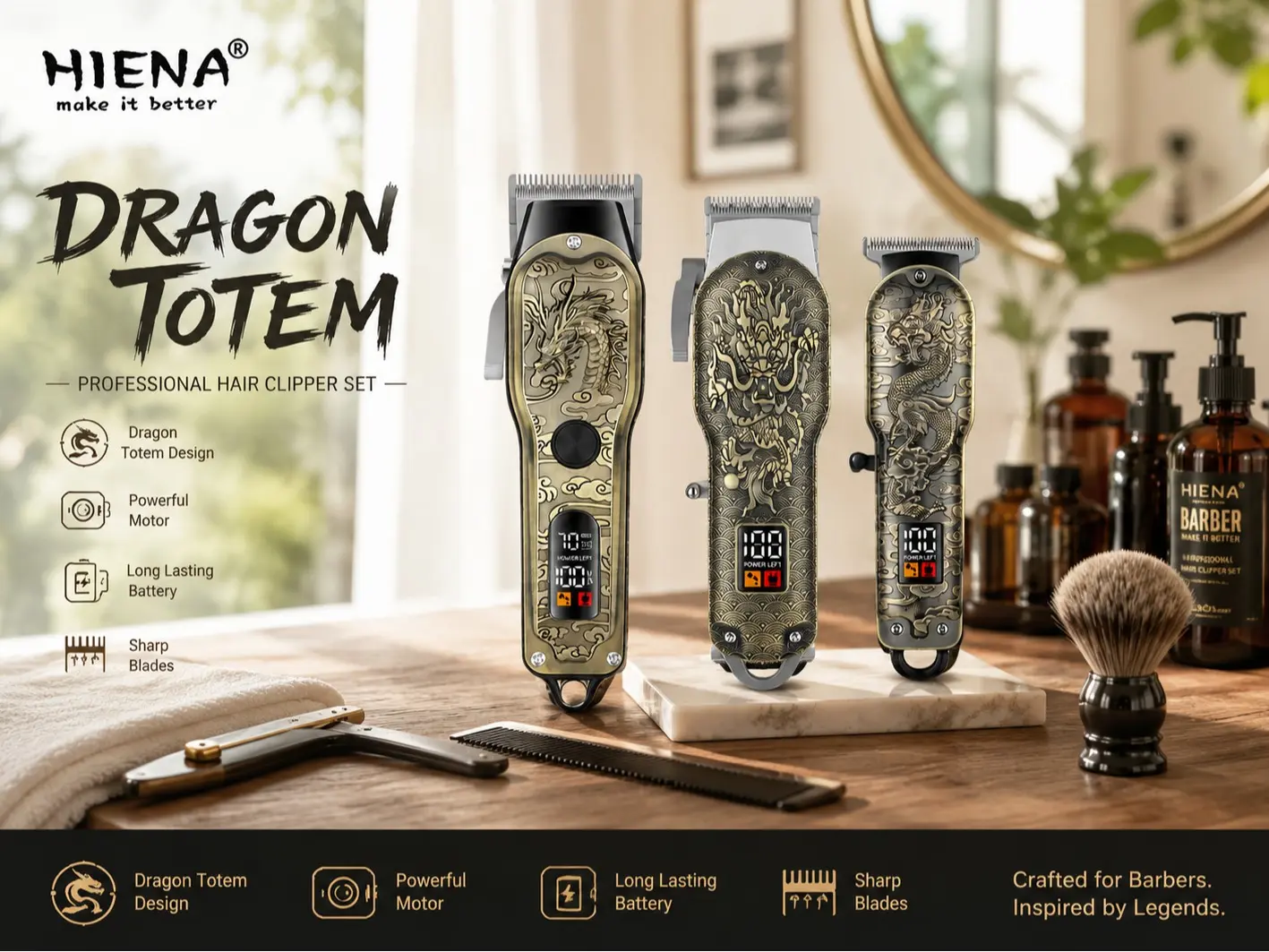 Dragon Edition Premium 5-Piece Men‘s Professional Hair Clipper Set, Vintage Dragon Engraving Design with Full Comb Accessories, Suitable for Home and Salon Use, A Tasteful Gift Choice for Men, Home Haircut, Male Grooming