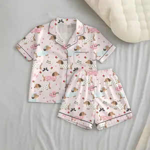 Sausage Dog Satin Pajama Set Women, Dachshund Print Sleepwear, Lightweight Short Sleeve Lounge Outfit, Cozy Gift Idea for Dog Fans