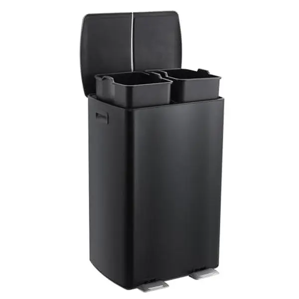 Commercial 16-Gallon Stainless Steel Dual Trash Can - Double Compartment Recycling Bin with Soft-Close Lids, Pedals, Plastic Inner Buckets, Trash Cans for Kitchen, Home Use