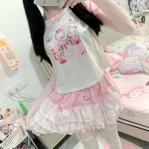 Sweet Japanese Elastic Waist Pink Polka Dot Skirts Kawaii Fashion Patchwork Loose Short Skirt Women's Design Bow Lovely Outfits