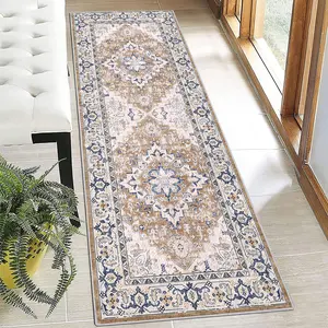 2'x6' Washable Boho Runner Rug, Non Slip Vintage Bohemian Indoor Carpet for Bedroom, Kitchen, Living Room, Hallway
