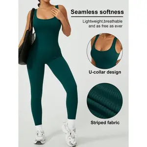 Women’s solid-color black seamless ribbed fitted sports tank top with soft, comfortable waist control shaping—one-piece autumn wear