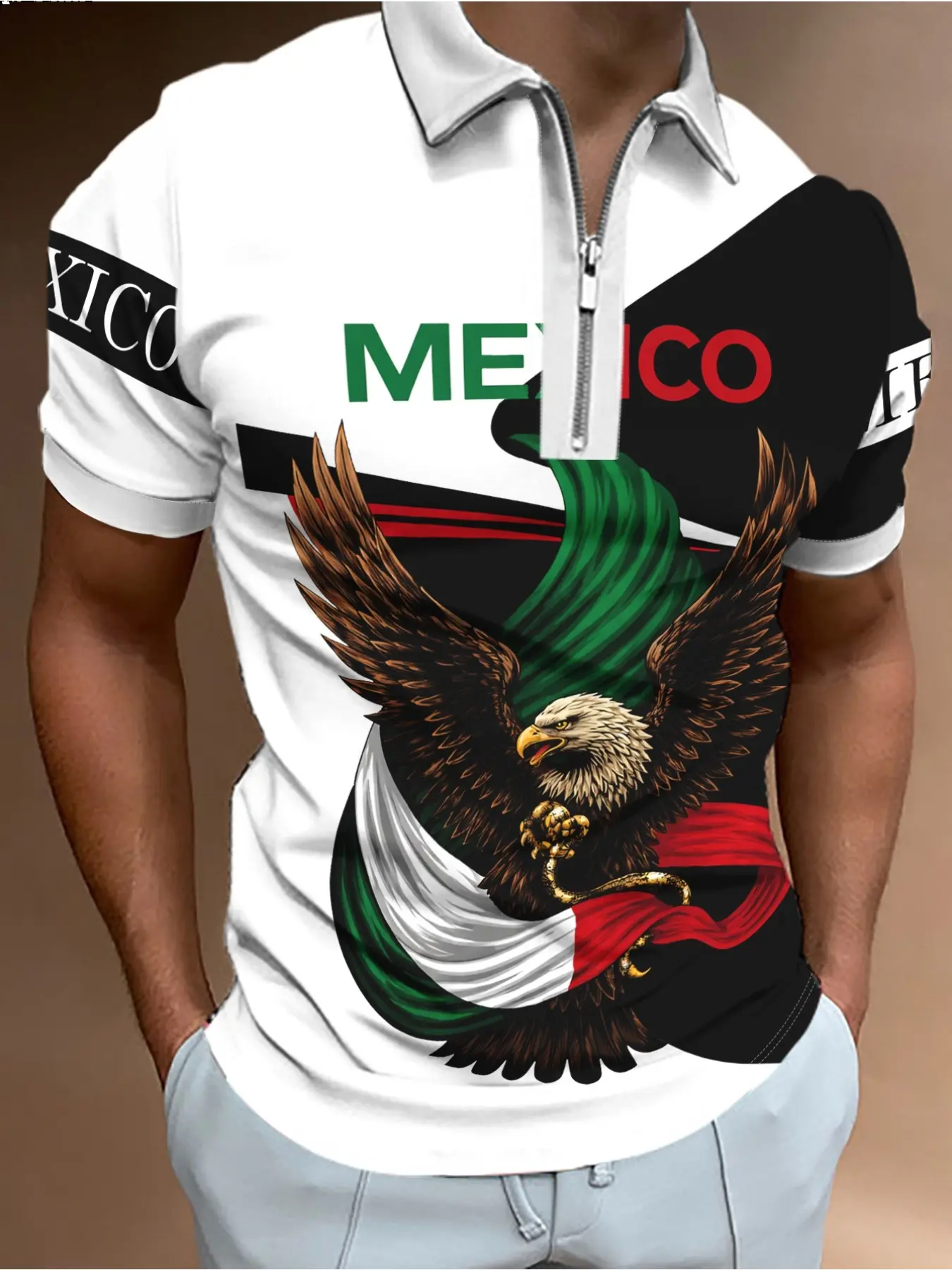 Men's Mexican Print Short-Sleeved Breathable Summer Polo Shirt, Fashionable Summer Collar T-shirt, Casual Sporty Top for Young People, Menswear