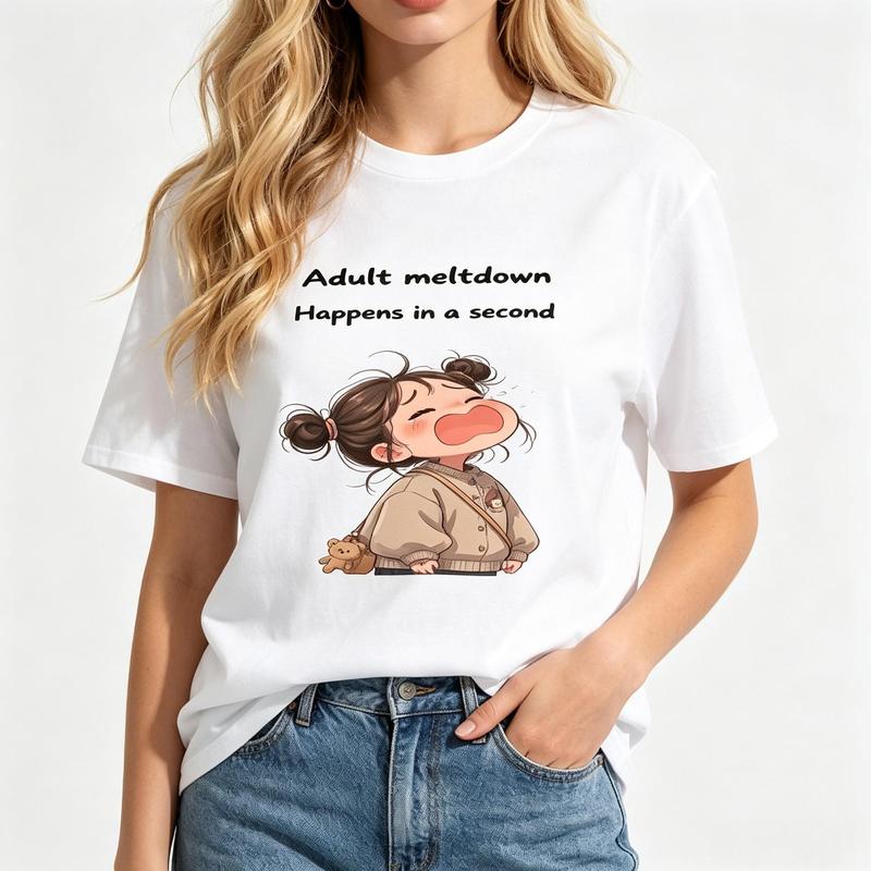 Women's Fitted Cotton Graphic T-Shirt - Cute Crying Girl Double Buns Print, Short Sleeve, Comfortable Fabric, Kawaii Streetwear for Summer Beach Outfits
