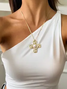 Vintage Metal Cross Pendant Necklace, Dainty Cross Necklace, Elegant Pearl Inlay Clavicle Chain, Perfect Gift for Women, Casual All-Season Wear