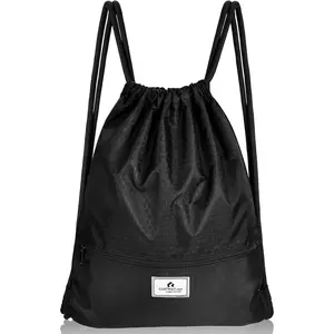 Drawstring Backpack, Folding Sports Gym Sackpack with Zipper Pockets, String Cinch Bag for Gym Shopping Sport Yoga Beach Travel Camping Workout Gear (Black)