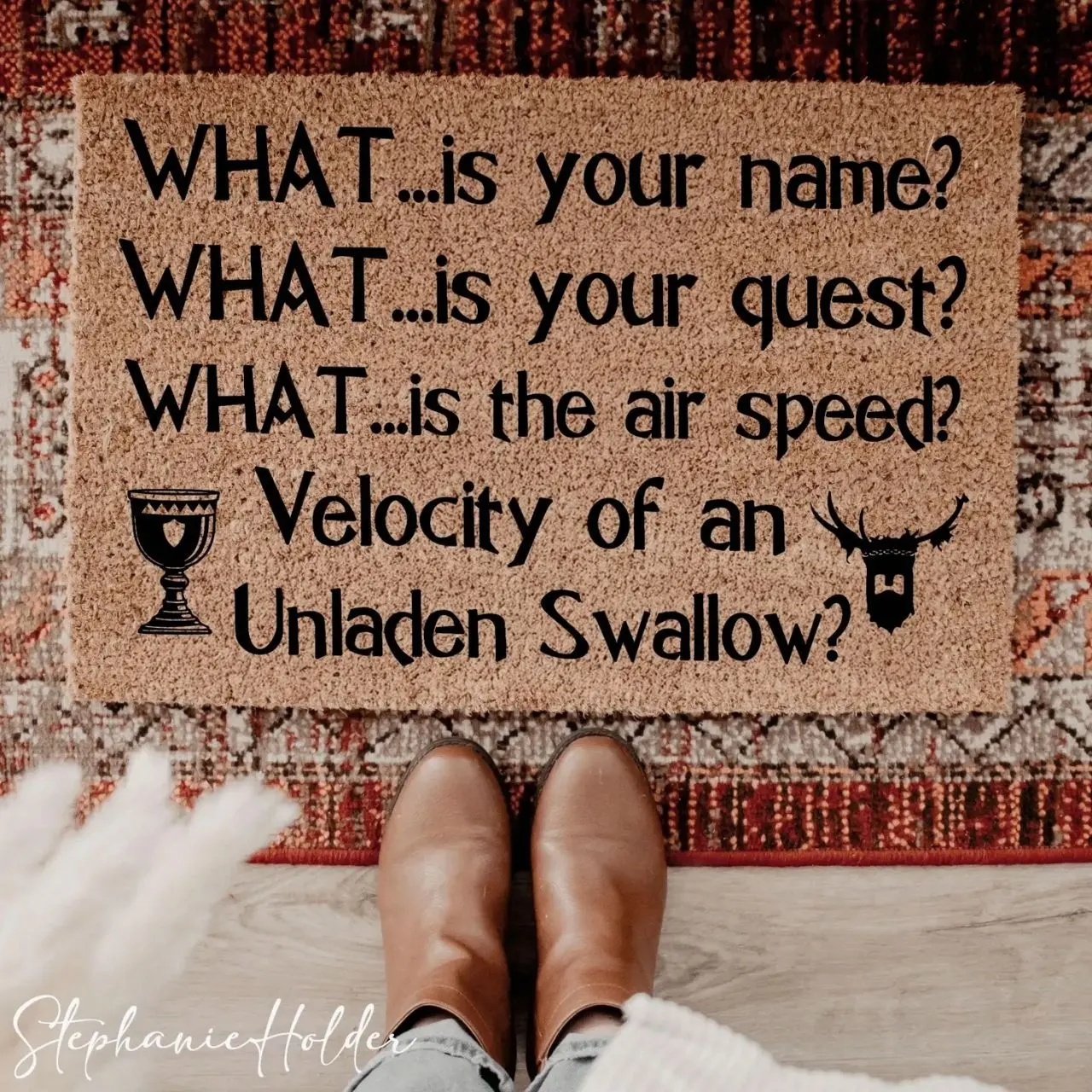 What Is Your Name? Funny Welcome Mat, Monty Python Front Door Rug, Quirky Home Decor, Monty Python Inspired Gift For Him, Nerdy Doormat