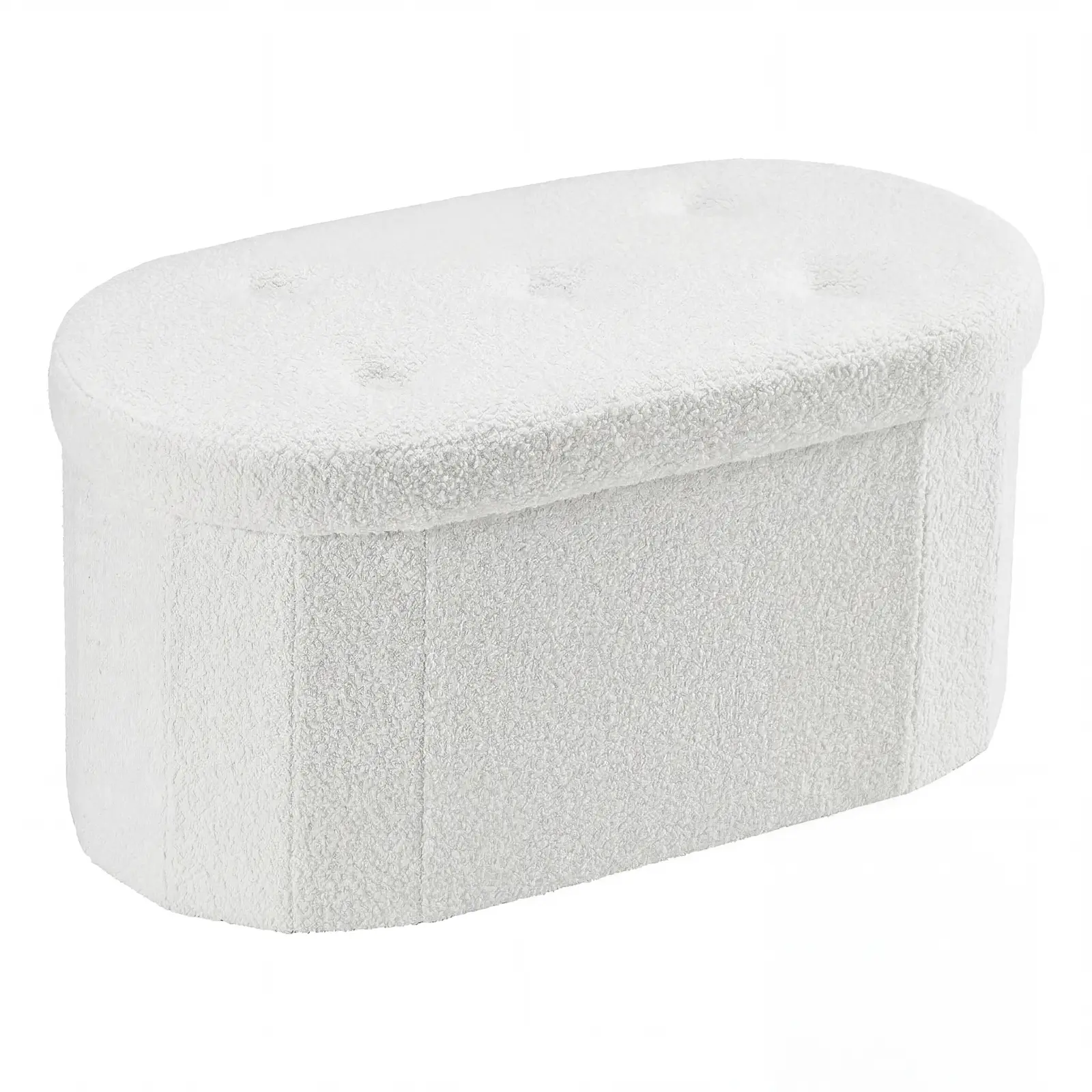 Folding Storage Ottoman Bench, Oval Round Ottoman End of Bed Foot Rest Bench Stool with Cushion, Storage Chest for Bedroom, Living Room, Entryway, Dorm, Teddy Fabric, White