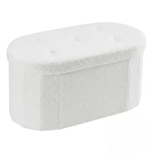Folding Storage Ottoman Bench, Oval Round Ottoman End of Bed Foot Rest Bench Stool with Cushion, Storage Chest for Bedroom, Living Room, Entryway, Dorm, Teddy Fabric, White