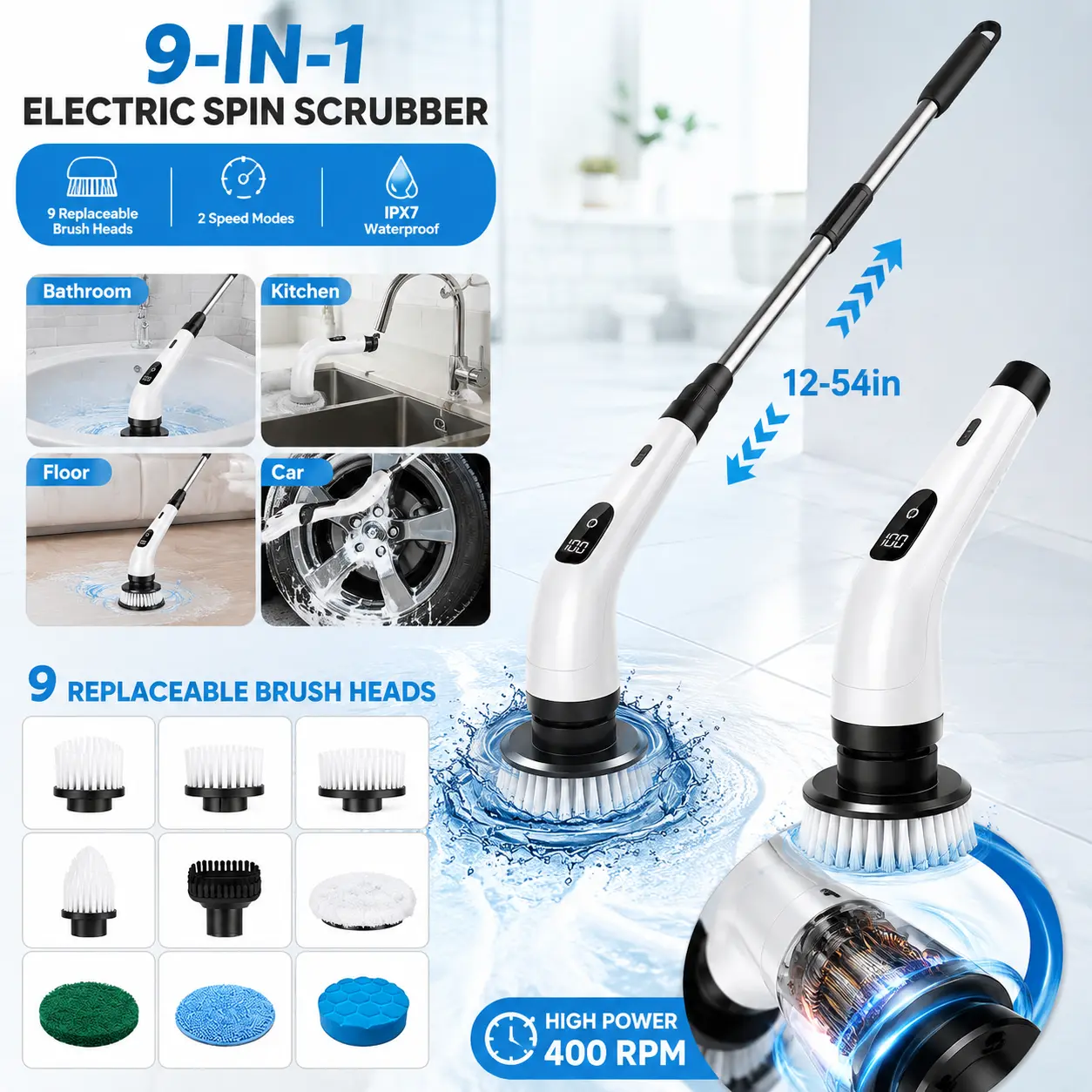 Qawtor Cordless Electric Spin Scrubber - 9-in-1 Powerful Cleaning Tool, 12-54in Telescoping Adjustable Handle, Dual Speed, Plastic Cleaning Brush Heads, LED Rechargeable Battery Display, IPX7 Waterproof for Bathroom Tile, Home Users’ Daily Maintenance