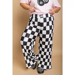 Plissé Checkered Pants - Black