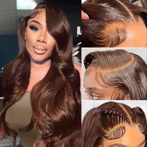 Bling Hair 4# Chocolate Brown Body Wave Wig 13x6 Transparent HD Lace Front Real Hair Wigs Pre Plucked 28 30 32 Inch For Women
