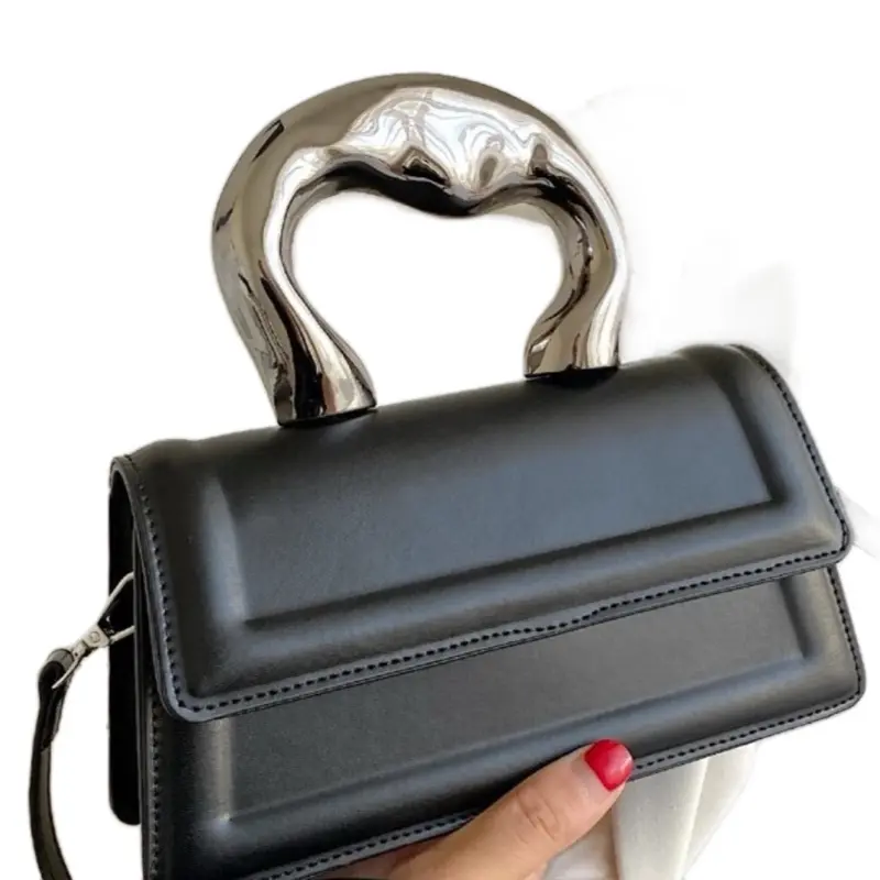 Women PU Leather Geometric Square Bag Purse with Gold Accent Handle, Black Color, Simple Design, Ideal for Everyday Use
